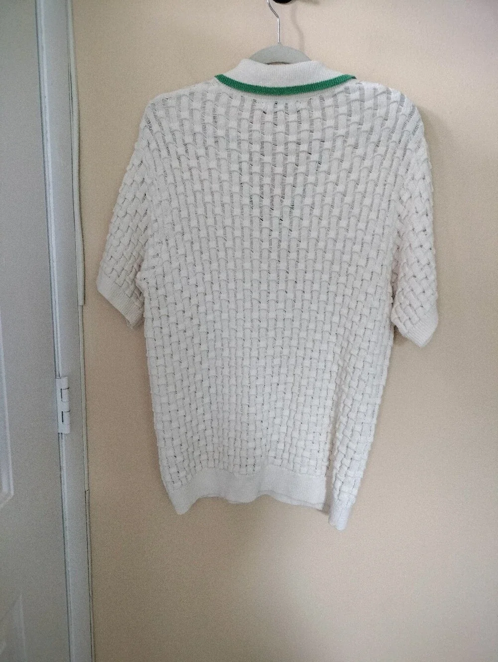 Zara Mens Ivory Linen Cotton Blend Open Knit  Polo Sweater M Preppy Vacation